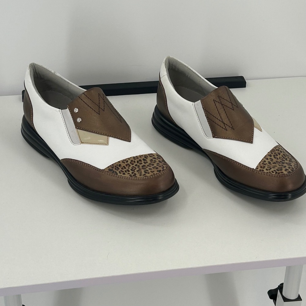 Sandbaggers Pip Golf Shoes Womens 8 Leather Leopard Print Bronze White Slip On - Picture 2 of 10